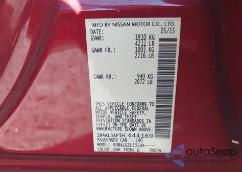 2015 Nissan Altima 2.5 S z USA, uszkodzony, nr VIN 1N4AL3AP3FC444169